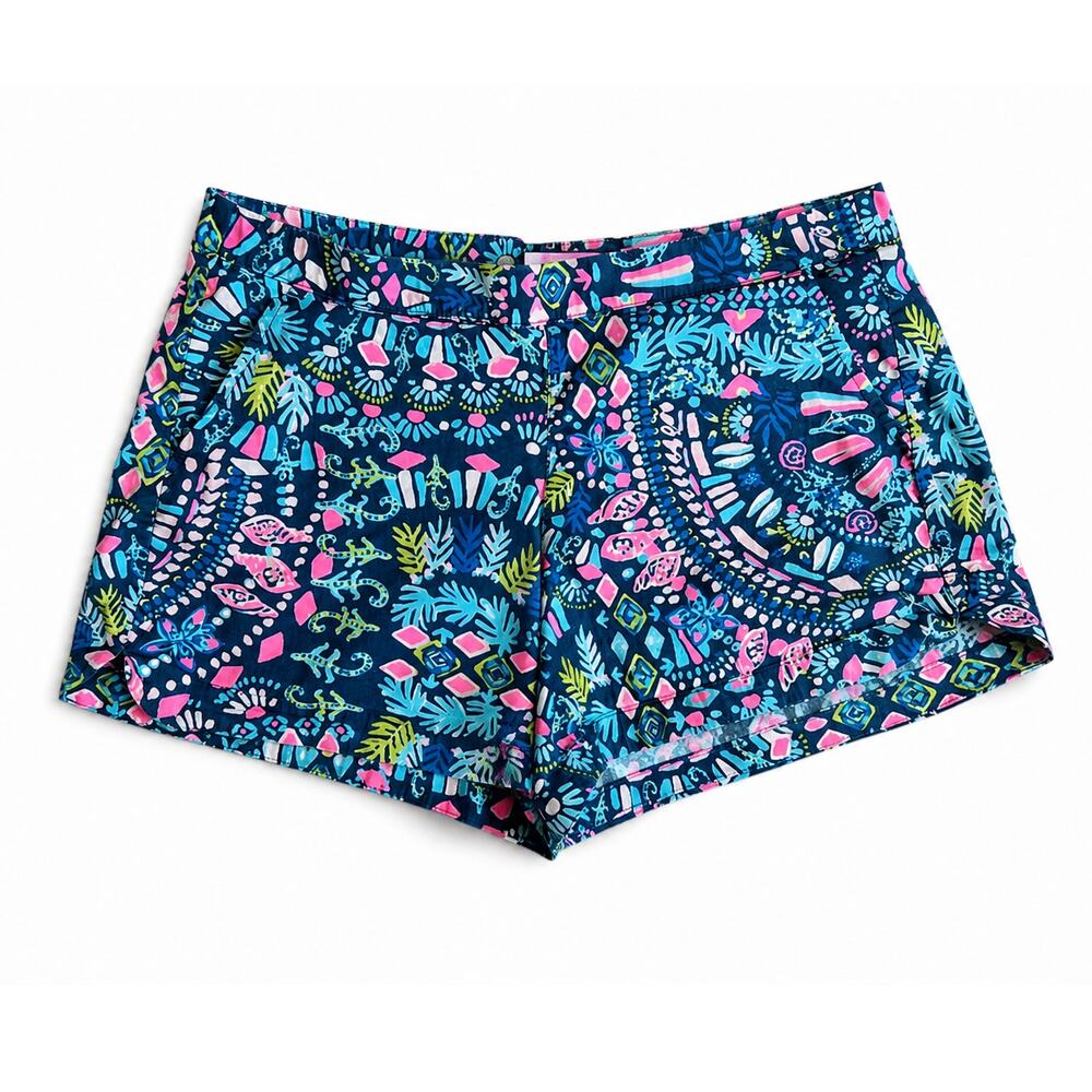 Lilly Pulitzer Callahan Shorts Size Medium Blue Pink Tropical Print Flat Front - Picture 1 of 6